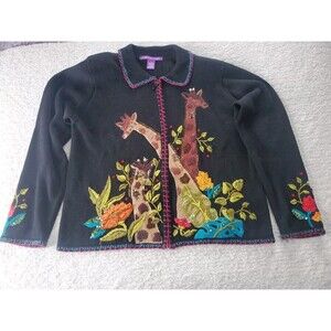 Vintage In The Dream Garden Sweater Jungle Giraffe Zip Embroidered Beaded Size L